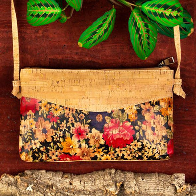 Original handmade natural cork Botanical Flowers and rustic Crossbody bag